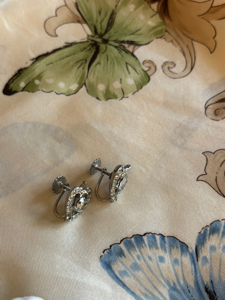 Vintage 1950s Rhinestone Screw Back Earrings | Petite Silver Tone Mid-Century Sparkle