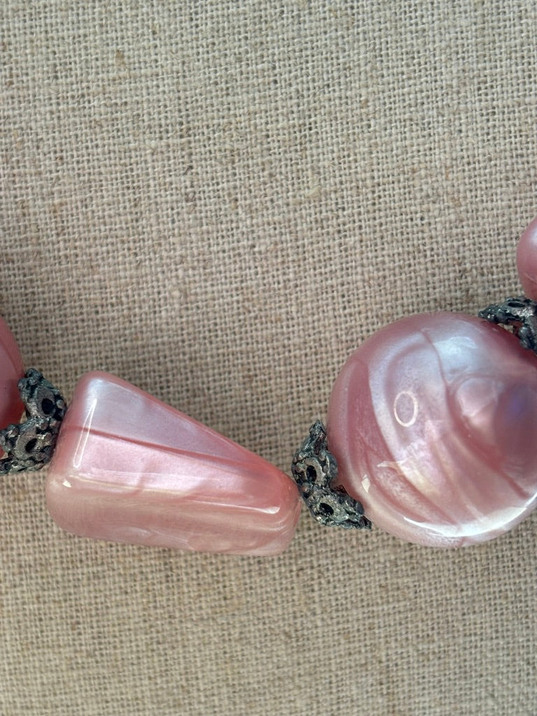 Vintage 1950s Pink Lucite Bead Necklace – Marbled Mid Century Statement