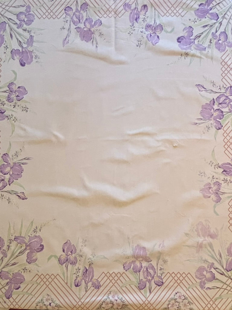Vintage Floral Tablecloth | Purple Iris & Lattice Border | Mid-Century Cotton Blend | 45 x 52