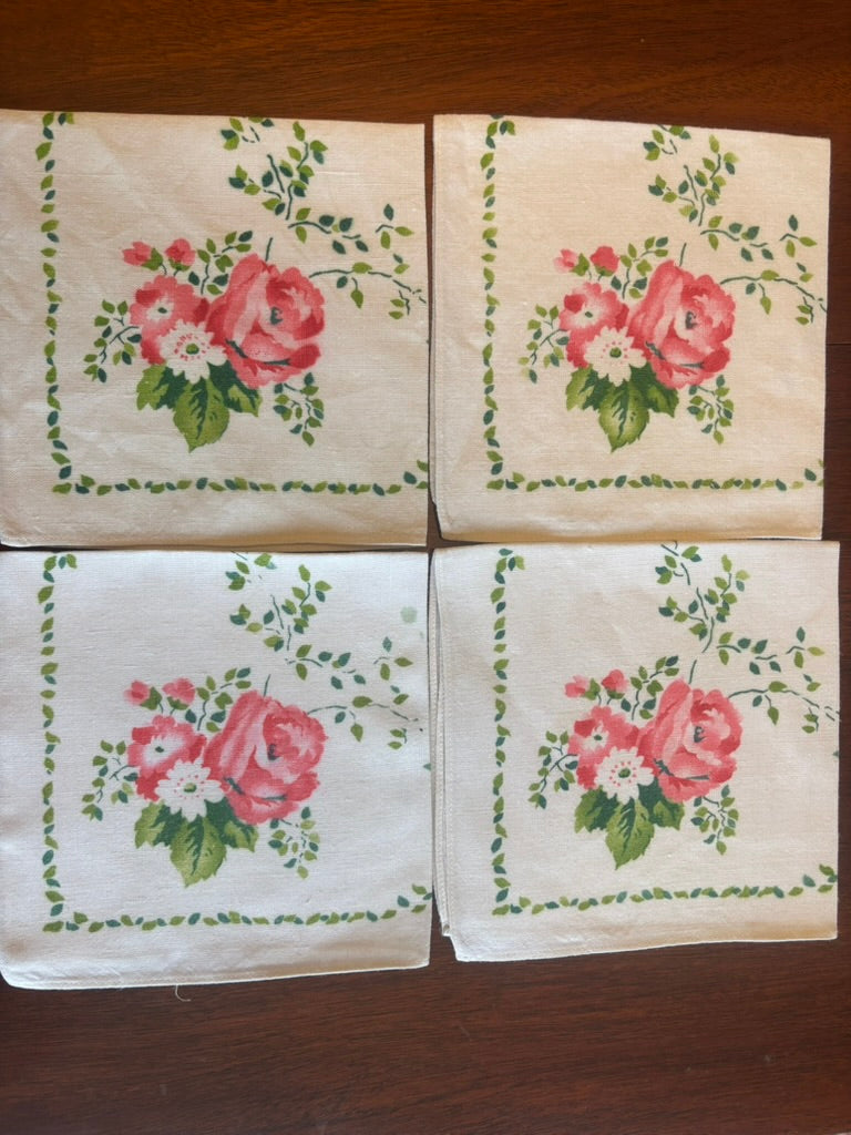 Vintage Card Table Linen Set | Pink Rose Garland & Lattice Border | Mid-Century Cotton | Cloth, 4 Placemats & 4 Napkins