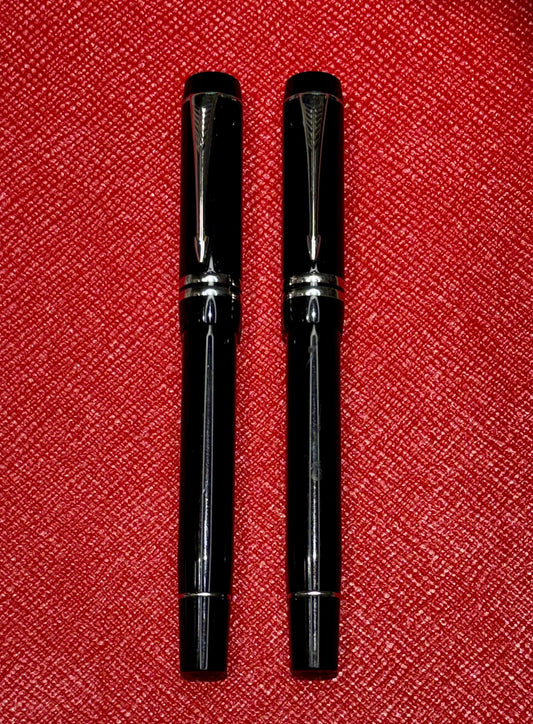 Parker Duofold Mk II International Black/Silver 2-Piece Writing Set — Fountain Pen & Rollerball, 18K Fine Nib, c. 1996–early 2000s