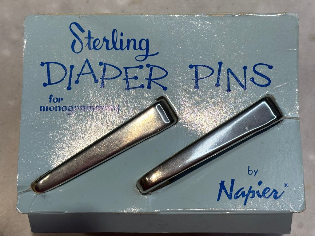 Vintage Napier Sterling Silver Diaper Pins Pair on Original Card | Monogram Baby Gift