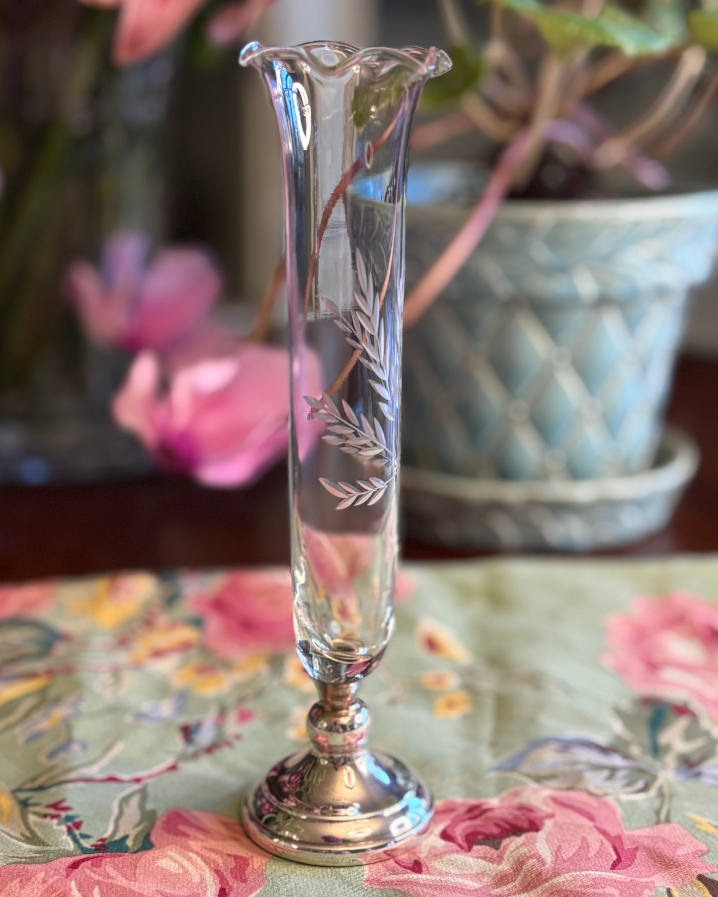 Vintage Webster Sterling Bud Vase with Etched Glass Wheat Motif | Mid Century Silver Accent