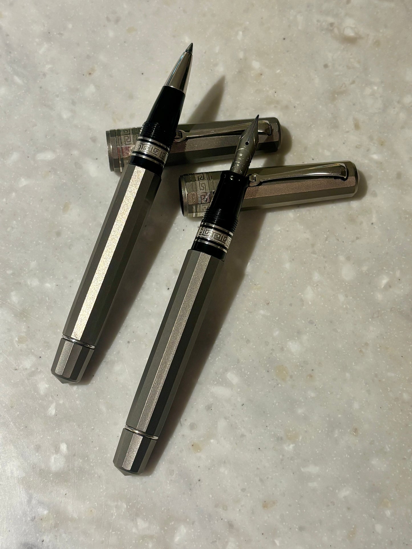 OMAS T2 Titanium Milord Fountain Pen & Rollerball Set, Fine Nib, Piston Filler, c. 1999–2000