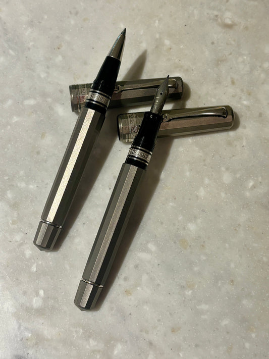OMAS T2 Titanium Milord Fountain Pen & Rollerball Set, Fine Nib, Piston Filler, c. 1999–2000