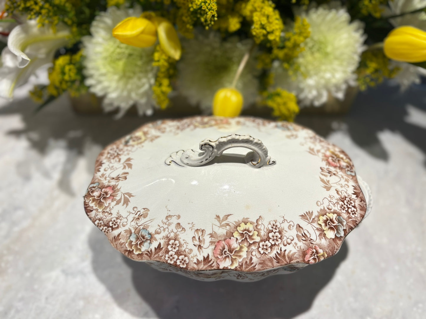 Vintage Johnson Brothers “Pansy” Covered Serving Dish | Brown Transferware Floral | England