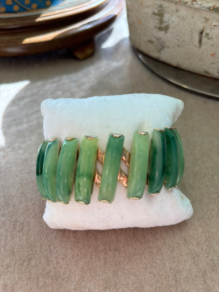 Vintage Hong Kong Jade-Look Lucite Link Bracelet | Mid-Century Gold Tone Statement