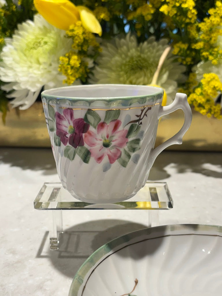 Vintage Japanese Hand-Painted Floral Teacup & Saucer Set | Mid-Century Porcelain with Gold Trim $28