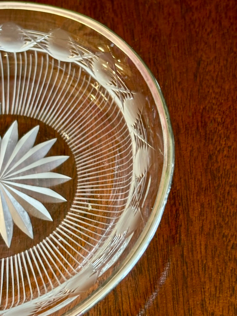 Vintage Cut Crystal Wine Coaster with Silverplate Rim • Starburst Base • 5.25” Elegant Barware