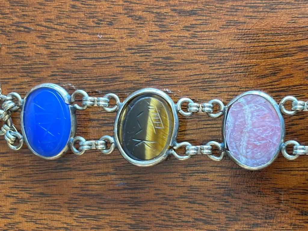 Vintage Egyptian Revival Scarab Bracelet Mixed Stone Cabochons Gold Tone 7”