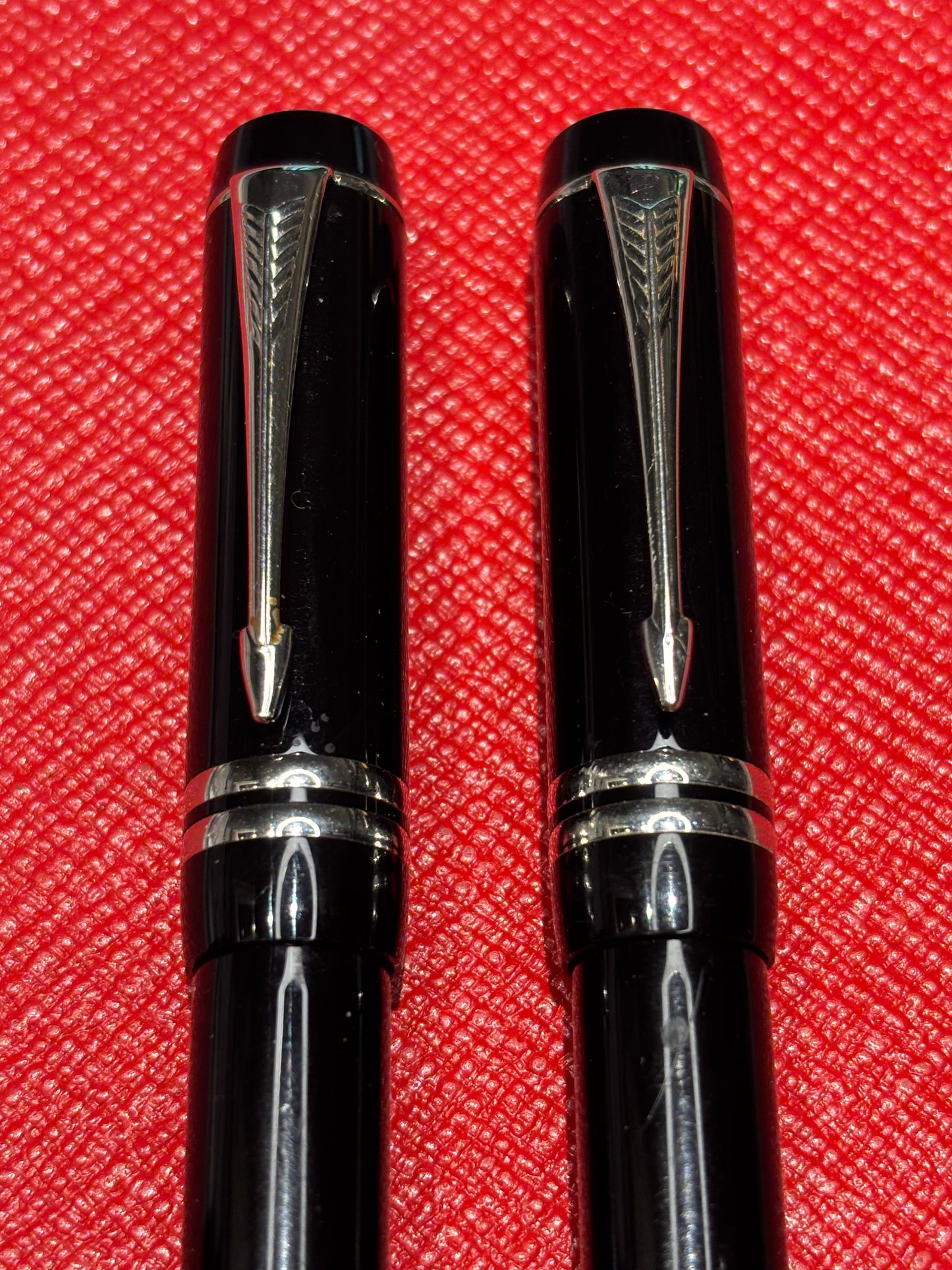 Parker Duofold Mk II International Black/Silver 2-Piece Writing Set — Fountain Pen & Rollerball, 18K Fine Nib, c. 1996–early 2000s