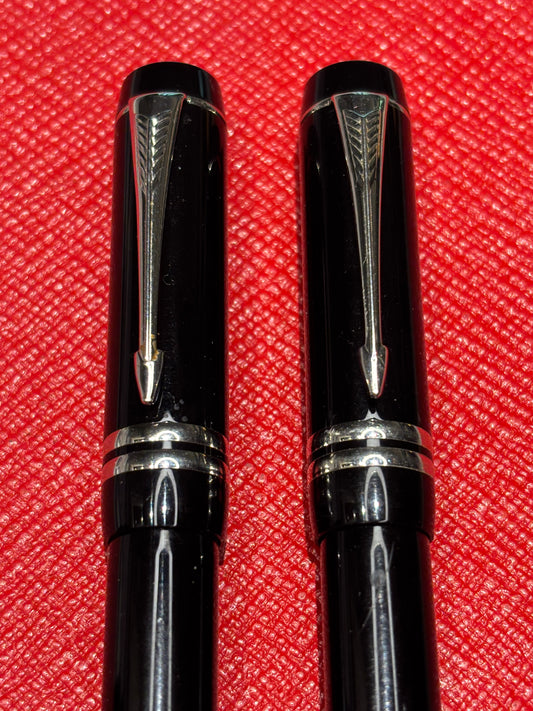 Parker Duofold Mk II International Black/Silver 2-Piece Writing Set — Fountain Pen & Rollerball, 18K Fine Nib, c. 1996–early 2000s
