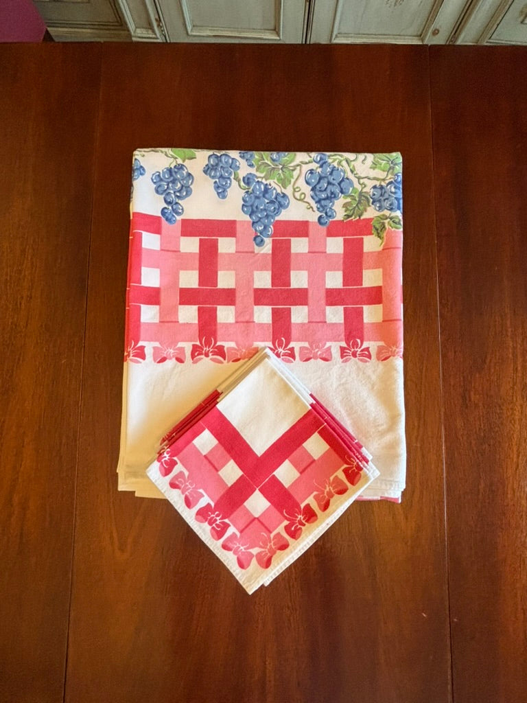Vintage Tablecloth & Napkin Set | Red Lattice & Floral Border | Mid-Century Cotton | 56 x 72 with 8 Napkins