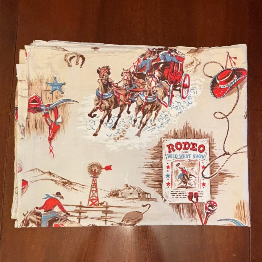 Vintage Western Americana Textile Bundle | Rodeo Panel + Southwestern Café Curtains | Mid-Century Novelty Cotton Set