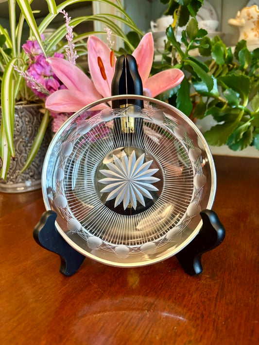 Vintage Cut Crystal Wine Coaster with Silverplate Rim • Starburst Base • 5.25” Elegant Barware