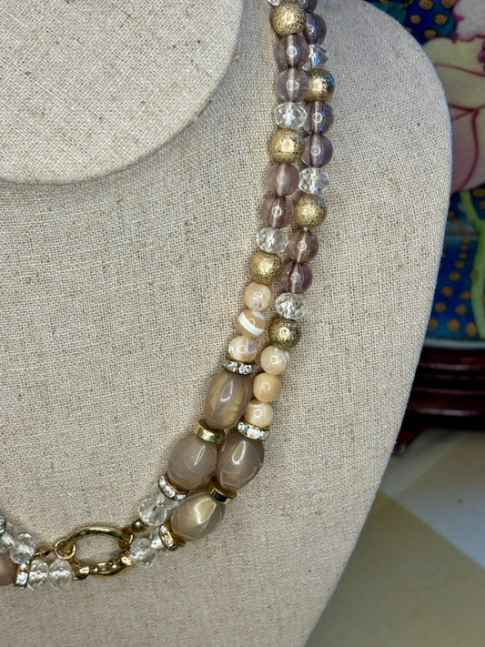 Vintage Long Lucite & Glass Bead Necklace – Taupe, Cream & Gold Accents
