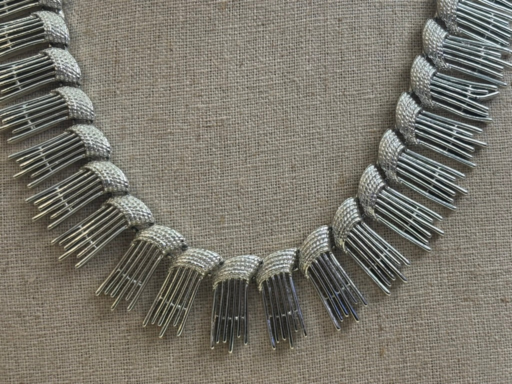 Signed Sarah Coventry Vintage 1970s Silver Fringe Bib Statement Necklace