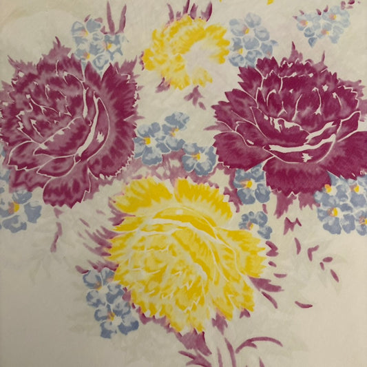 Vintage Floral Tablecloth | Pink & Yellow Peony Print with Blue Accents | Soft Cottage Garden Style | 56 x 70