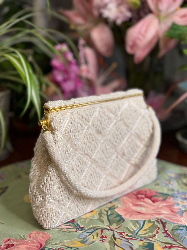 Vintage Ivory Beaded Evening Bag | Bugle Bead Chevron Pattern | Scalloped Pearl Flap | Mid-Century Formal Purse