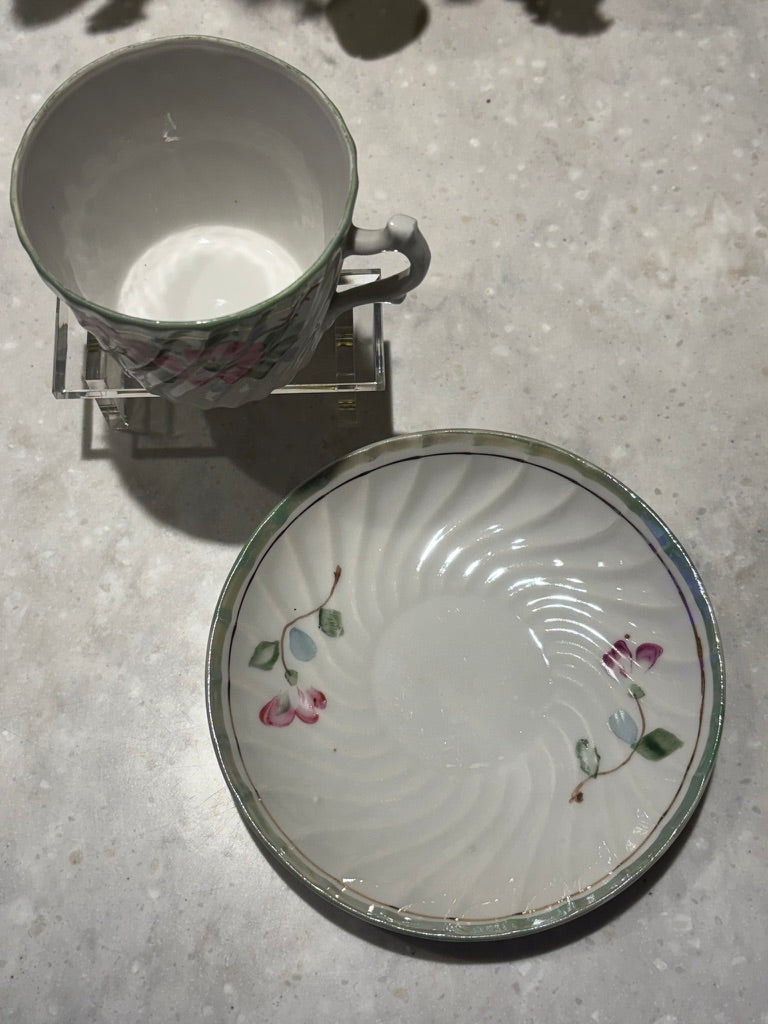 Vintage Japanese Hand-Painted Floral Teacup & Saucer Set | Mid-Century Porcelain with Gold Trim $28