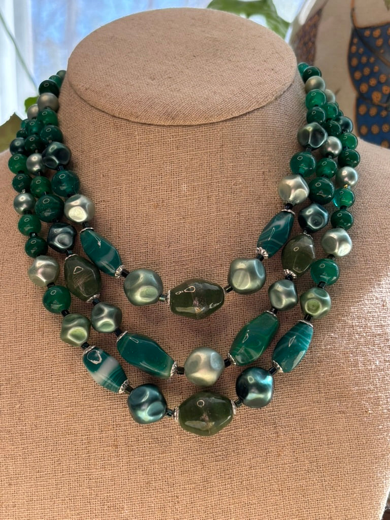 Vintage 1970s Green Lucite Three-Strand Statement Necklace