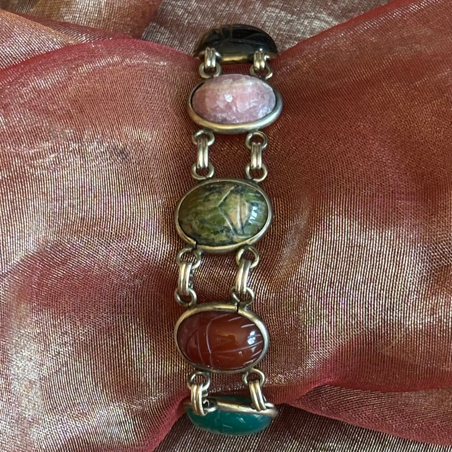 Vintage Egyptian Revival Scarab Bracelet Mixed Stone Cabochons Gold Tone 7”