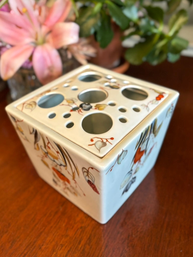 Vintage Porcelain Flower Frog Vase – Hand Painted Botanical Cube Posy Holder – Ikebana Floral Arranging Block
