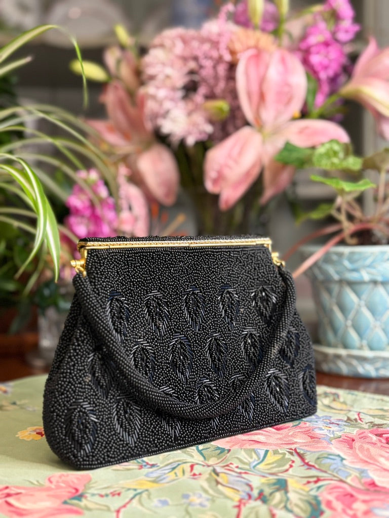 Vintage Black Glass Beaded Evening Bag | Leaf Motif | Gold Frame Top Handle | 1960s Cocktail Purse