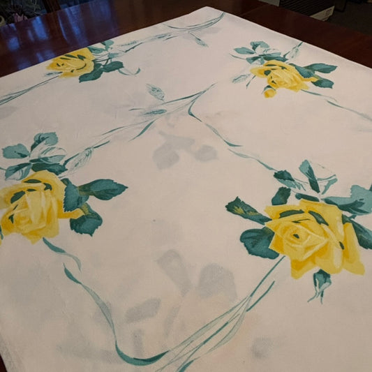 Vintage Floral Tablecloth | Yellow Rose Print on Cream Ground | Cottage Garden Style | 48 x 48