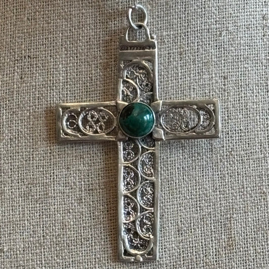Vintage Sterling Silver Filigree Cross Pendant | Green Cabochon | 925 Silver