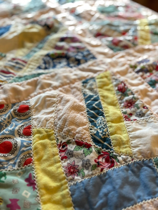 Vintage Cradle Quilt | Patchwork Feedsack Florals & Pastels | Handcrafted Cotton | 23" x 34.5"