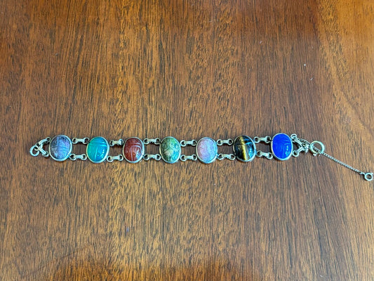 Vintage Egyptian Revival Scarab Bracelet Mixed Stone Cabochons Gold Tone 7”