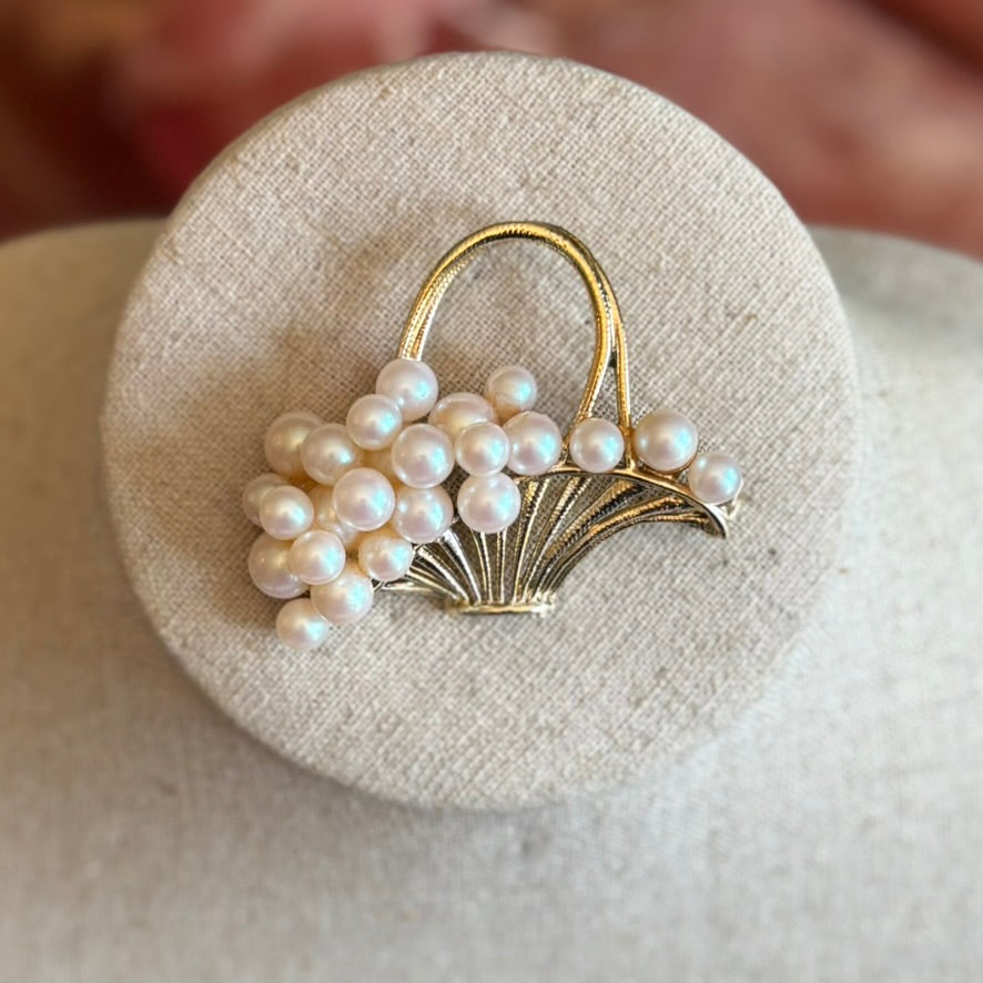 Vintage 1950s Faux Pearl Basket Brooch Gold Tone Mid Century Classic