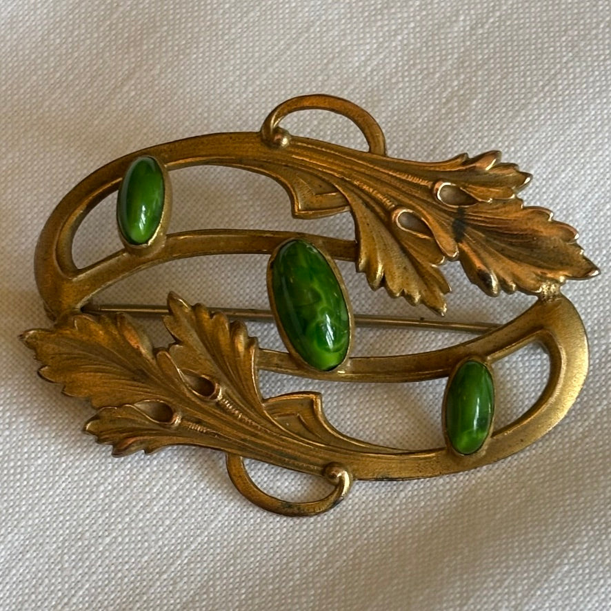 Vintage Art Nouveau Revival Brooch Pin | Green Glass Cabochons | Gilt Brass Botanical Design | 1930s 1940s