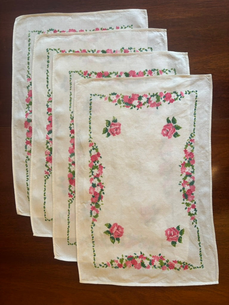 Vintage Card Table Linen Set | Pink Rose Garland & Lattice Border | Mid-Century Cotton | Cloth, 4 Placemats & 4 Napkins