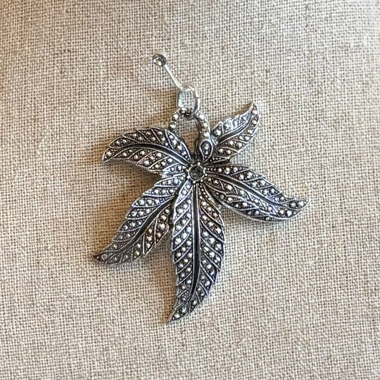 Vintage West Germany Marcasite Style Leaf Pendant – Silver Tone Botanical Statement