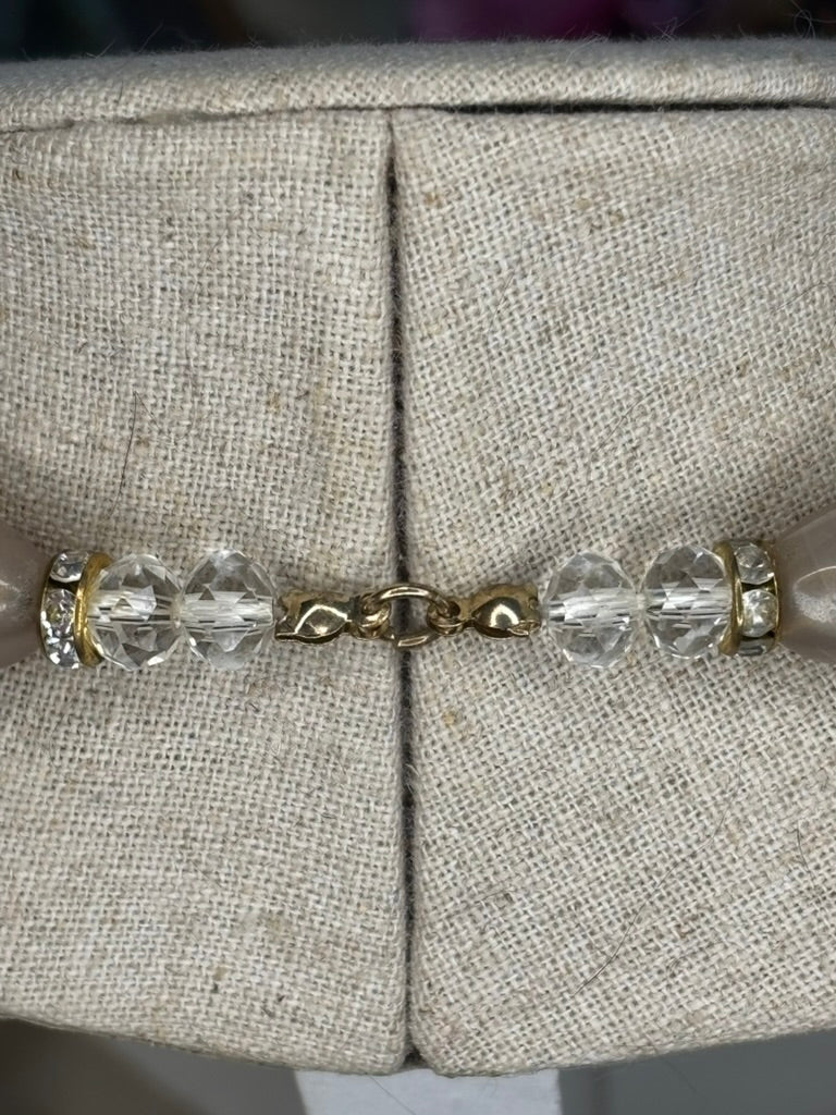 Vintage Long Lucite & Glass Bead Necklace – Taupe, Cream & Gold Accents