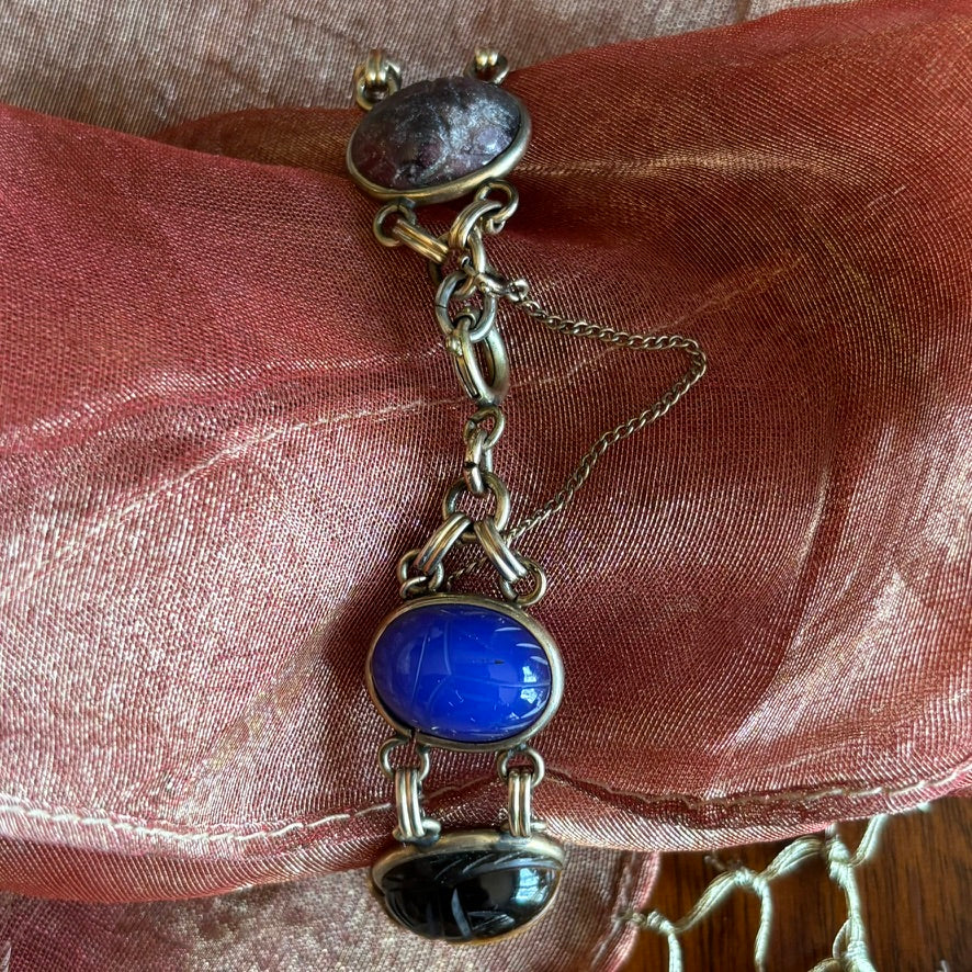 Vintage Egyptian Revival Scarab Bracelet Mixed Stone Cabochons Gold Tone 7”