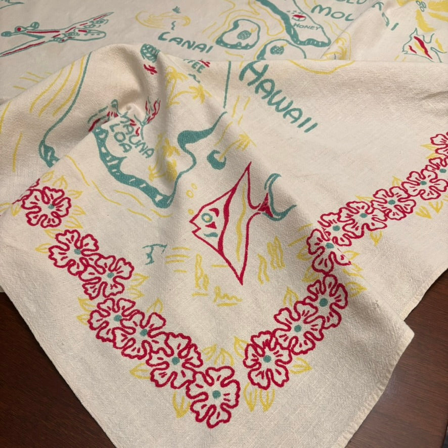 Vintage Hawaii “Paradise of the Pacific” Tablecloth | Mid-Century Island Map Print Linen