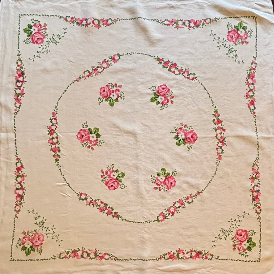 Vintage Card Table Linen Set | Pink Rose Garland & Lattice Border | Mid-Century Cotton | Cloth, 4 Placemats & 4 Napkins