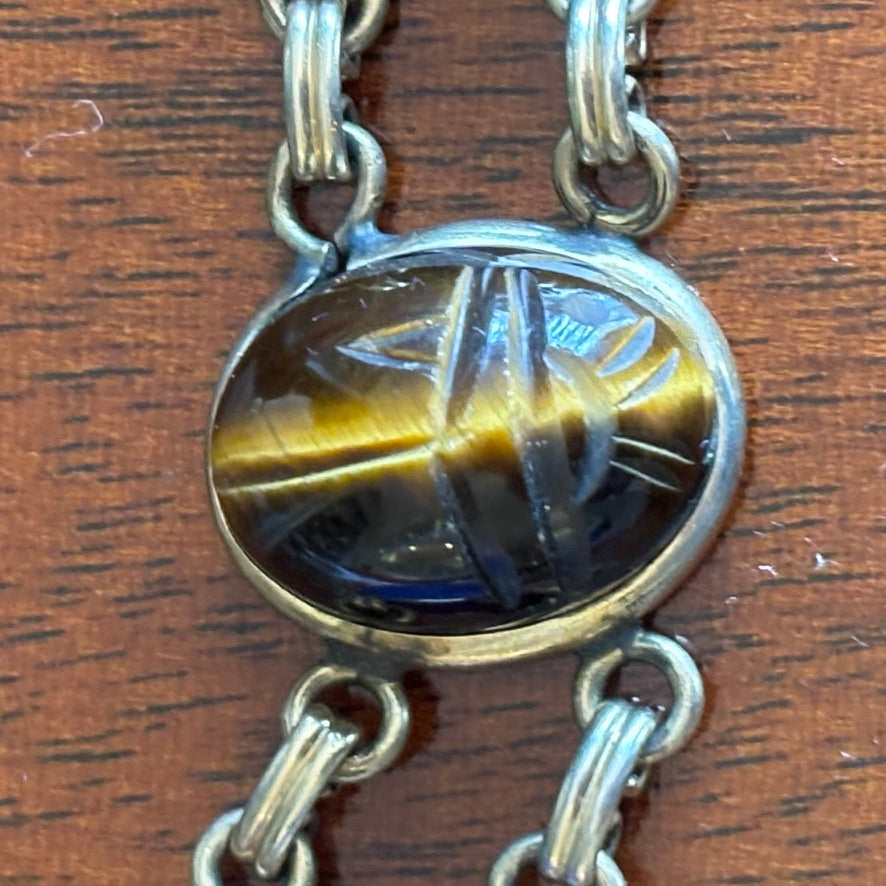Vintage Egyptian Revival Scarab Bracelet Mixed Stone Cabochons Gold Tone 7”