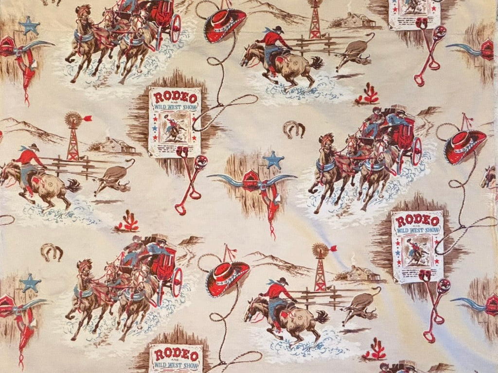Vintage Western Americana Textile Bundle | Rodeo Panel + Southwestern Café Curtains | Mid-Century Novelty Cotton Set