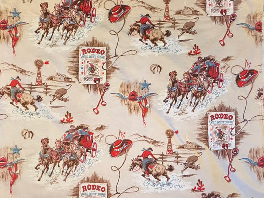 Vintage Western Americana Textile Bundle | Rodeo Panel + Southwestern Café Curtains | Mid-Century Novelty Cotton Set