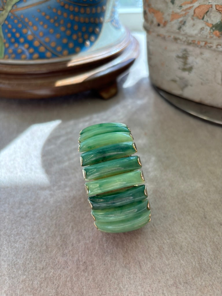 Vintage Hong Kong Jade-Look Lucite Link Bracelet | Mid-Century Gold Tone Statement