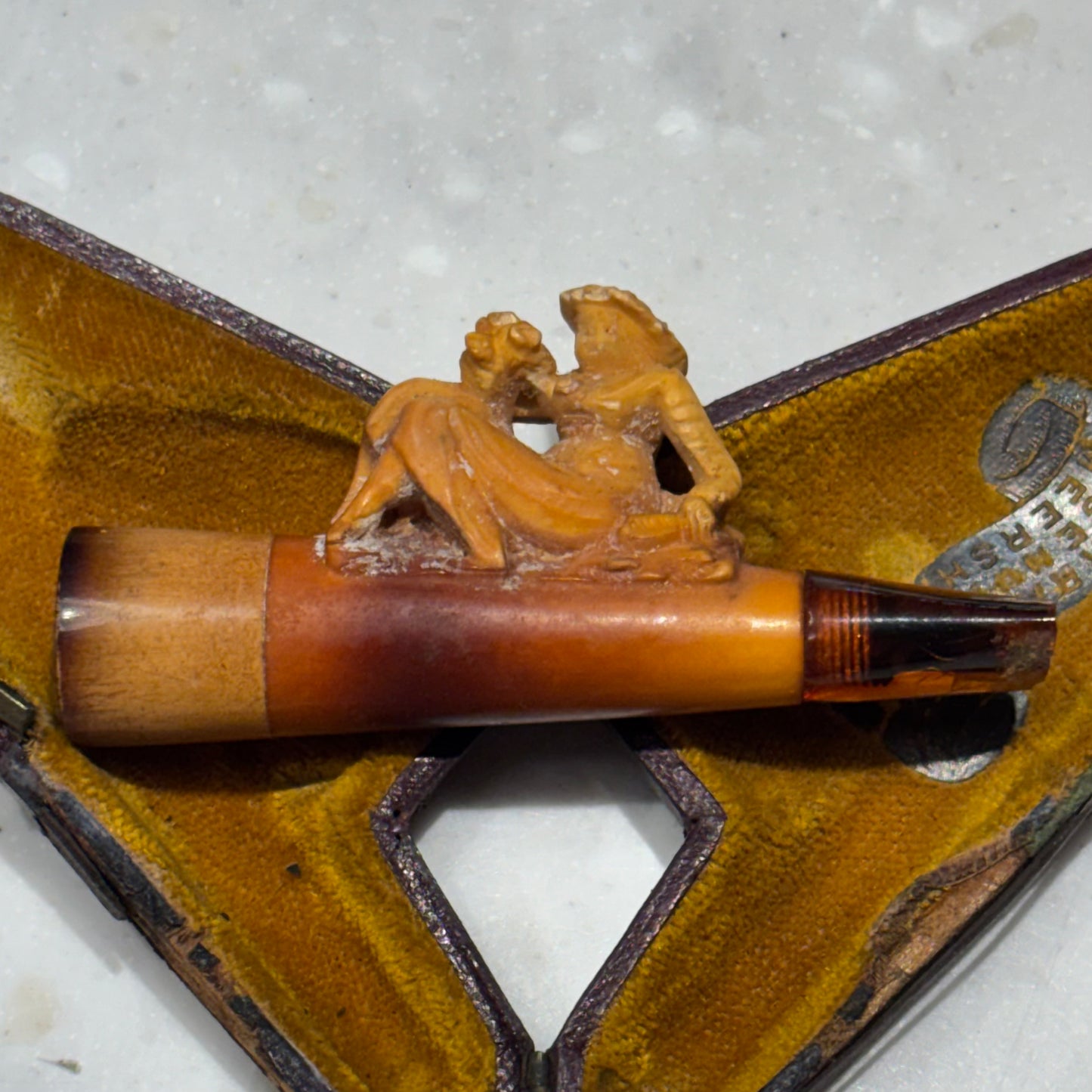 Antique Austrian Figural Meerschaum Pipe with Mythological Satyr & Reclining Woman | Original Amberoid Mouthpiece & Leather Case | c. 1890–1910