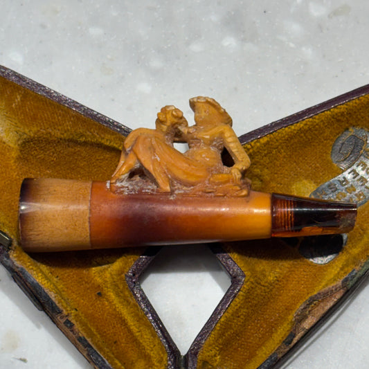 Antique Austrian Figural Meerschaum Pipe with Mythological Satyr & Reclining Woman | Original Amberoid Mouthpiece & Leather Case | c. 1890–1910