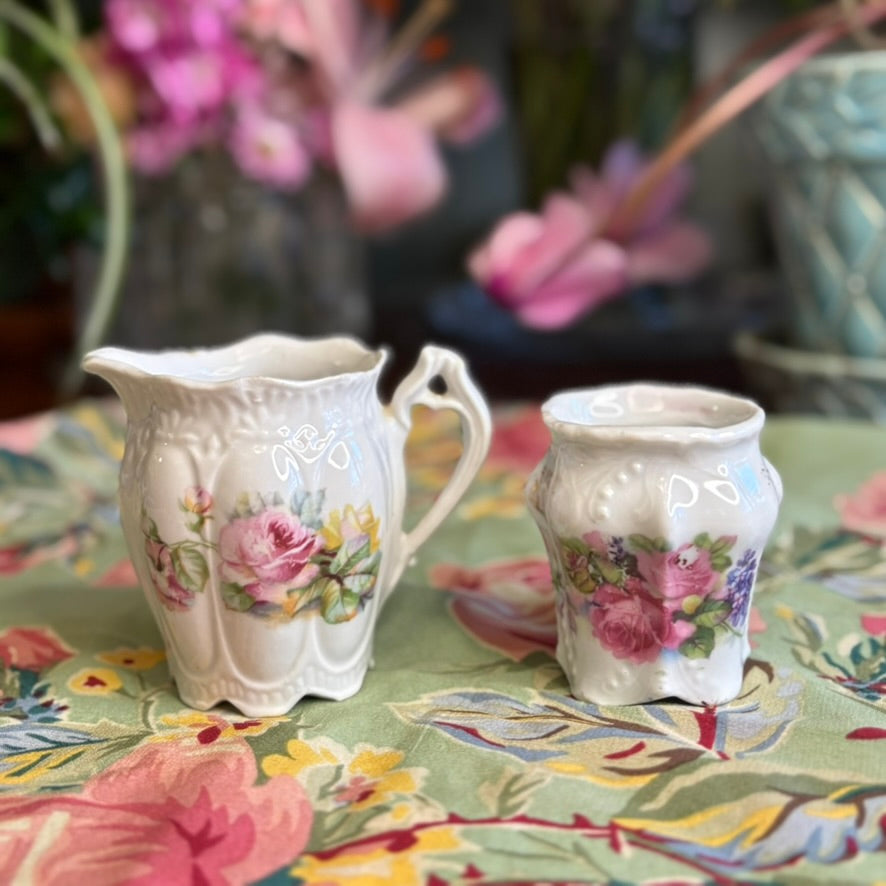 Vintage Mini Creamer & Sugar Set | Floral Porcelain | Made in Bavaria Germany | Embossed Relief