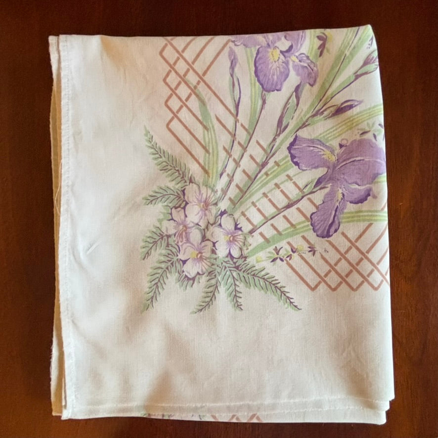 Vintage Floral Tablecloth | Purple Iris & Lattice Border | Mid-Century Cotton Blend | 45 x 52