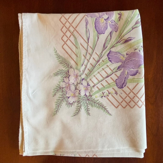 Vintage Floral Tablecloth | Purple Iris & Lattice Border | Mid-Century Cotton Blend | 45 x 52