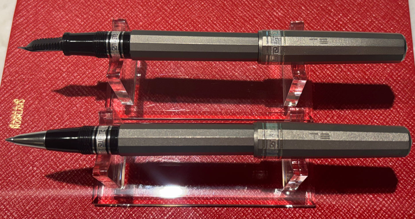 OMAS T2 Titanium Milord Fountain Pen & Rollerball Set, Fine Nib, Piston Filler, c. 1999–2000